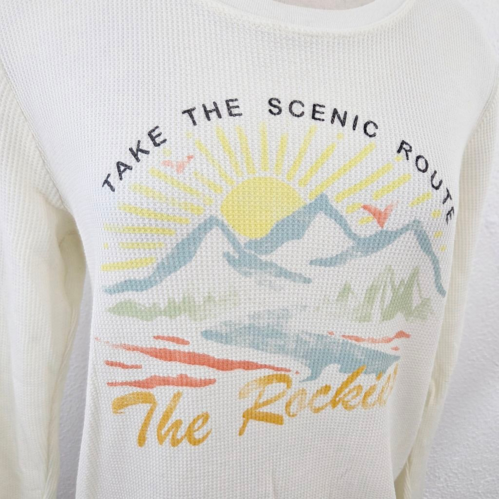 Back When x Anthropologie Thermal Rockies Graphic Top ivory tee women's medium M - Picture 5 of 6